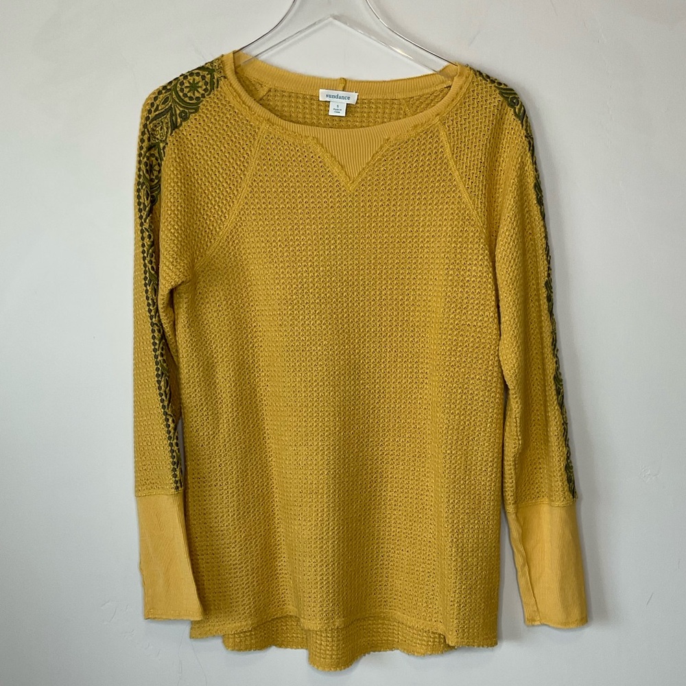 Sundance Waffle Knit Embroidered Sleeves Henley Mustard Yellow Size S